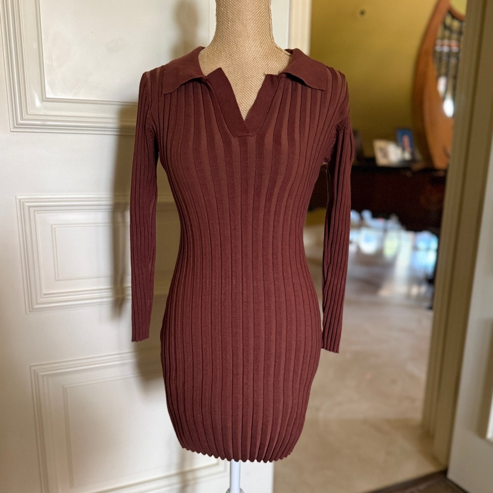 Cider Ribbed Bodycon Dress with Notched Collar